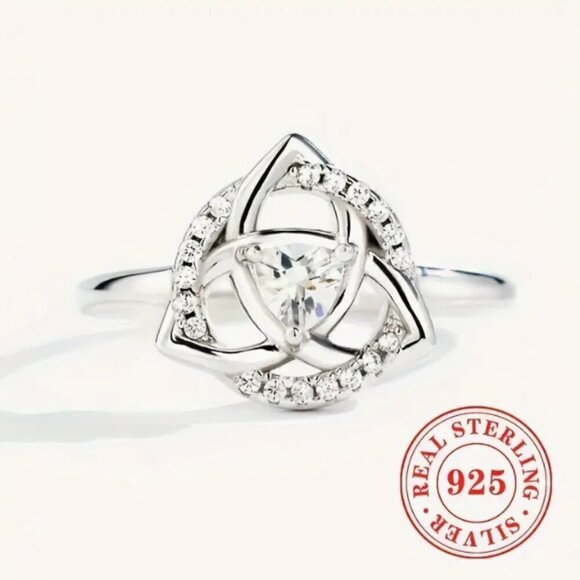 Celtic Triangle Ring Size 7 with Circle and Center Triangle Cut Zirconia - Picture 1 of 5